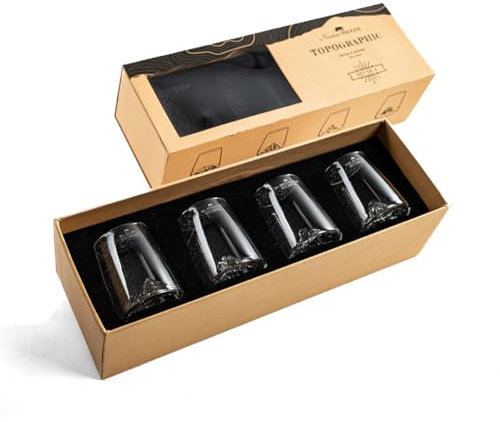 Alaskan MAKER Set di 4 sparatutto da 6,5 cl, borosilicato di alta qualità, soffiato artigianalmente con montagne in rilievo | TOPOGRAPHIC (Everest, Monte Bianco, Pic du Midi & Matterhorn)
