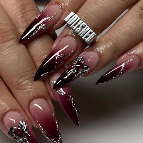 24pcs Long Stiletto Press on Nails - Black Red Ombre With Silver 3D Heart Design - Removable Glue-on Acrylic Full Cover Gothic Nail Art Accessories for Women and Girls
