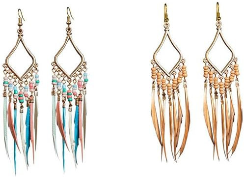 Feder Ohrringe Hippie Boho 2 Paar Quasten Böhmische Ohrringe Set für Kostümzubehör, Geburtstagsgeschenk, Karneval