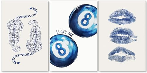 PDFI Blaue Wandkunst, trendiger Geparden-Druck, Retro-Poster mit 8 Kugeln, 3 Stück, flippig, marineblau, Kusslippen, Kokette, Raumdekoration, Glücksbild, adrett, ästhetisch, für Mädchen, Schlafzimmer