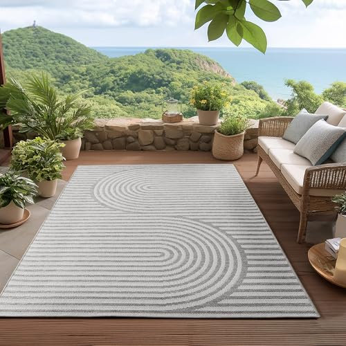 HomebyHome Outdoor Teppich Grau 240x340 cm, Wetterfest & UV-beständig, ideal für Küche, Balkon, Terrasse, Garten auch Wohnzimmer und Esszimmer, Skandinavisches Boho-Design, Leicht zu Reinigen