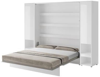 Friderik Bed Concept BC-013 Wandklappbett Vertikales Schrankbett ohne Matratze, 180x200 cm + 2X Vertikalschrank BC-07 (Weiß Hochglanz)