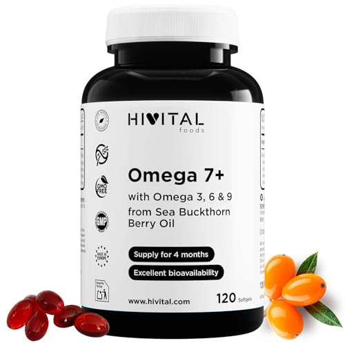 Omega 7 Espino Amarillo 500 mg. 120 cápsulas blandas para 4 meses de tratamiento. Con 150 mg de Omega 7 + Omega 3, 6 y 9 procedente de Aceite de Hippophae Rhamnoides. Fabricado en España por HIVITAL