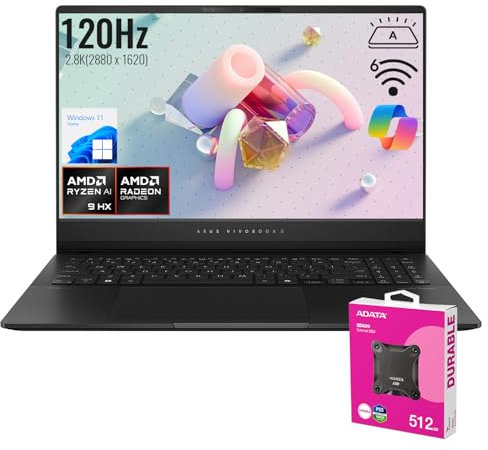 ASUS Vivobook S 16 AI Copilot+ PC Business Laptop, 15,6 2.8K 120Hz, AMD Ryzen AI 9 HX 370, 32 GB RAM, SSD 1TB, scheda grafica Radeon, Wi-Fi 6, RGB retroilluminato KB, Win11 H, bundle con SSD esterno