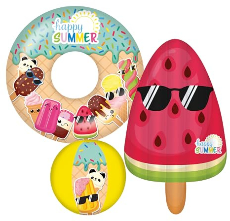 Happy People Happy Summer 3er Strandset – Aufblasbarer Wasserball, Schwimmring & Luftmatratze in Melonenform für Kinder ab 3 Jahren – Strandspielzeug & Poolzubehör für Sommer, Garten & Urlaub