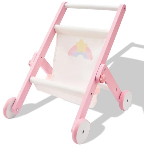 FUNLIO Holz-Puppenwagen für Kleinkinder ab 12 Monaten, Süßer rosa Puppen Kinderwagen zum Rollenspielen, abgerundete Ecken & stabile Dreiecksstruktur, einfach zu montieren & faltbar, CPC Zertifiziert