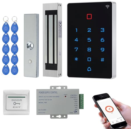 Kit de Control de Acceso WiFi Tuya – Teclado Táctil IP68 Retroiluminado con Apertura por App, Código Pin y RFID 125kHz, Electroimán 180kg (400lb) NC, Alimentación DC12V, Botón de Salida + 10 Llaveros