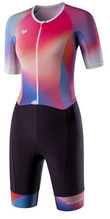 MY KILOMETRE Dam Triatlonklädsel Kort Ärm – Ettstycks Trisuit Andningsbar & Snabbtorkande med Bakficka UPF50+