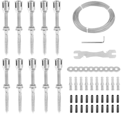 EXLECO 316 Edelstahl Rankhilfe für Kletterpflanzen, 10 Halter, 16m 3mm Seil | Wandpflanze Kletterstahldrahtseil Edelstahl Rankgitter Wand Klettergerüst für Pflanzen Rosen Clematis Weinreben