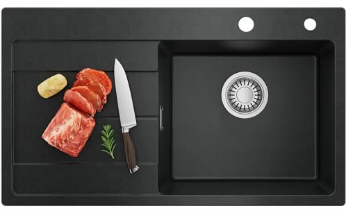 CECIPA Fregadero de cocina de 78 x 45 cm, de granito negro con escurridor, para armarios bajos de 45 cm de ancho, incluye sifón y juego de desagüe y rebosadero