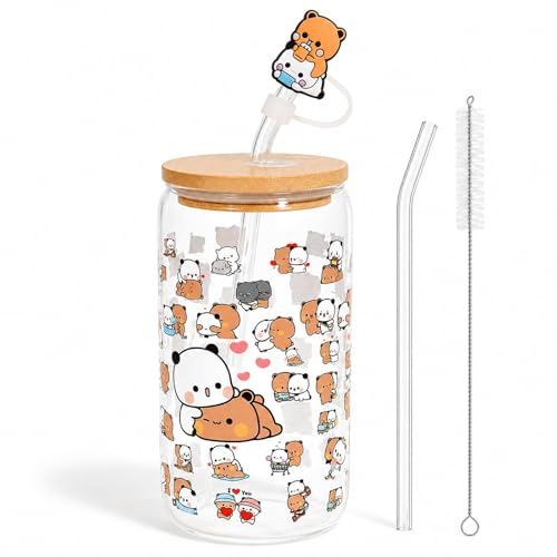 PANMAY Vasos con tapa y pajita, vaso de cristal de 500 ml, taza de té de burbujas, vasos de café helado, vaso de cristal, elegante vaso para café helado, el mejor regalo