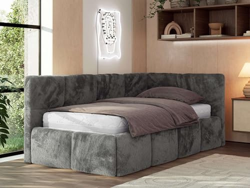 Jugendbett ARVO 90x200 cm mit Lattenrost und Bettkasten, Polsterbett mit gepolstertem Kopfteil und Gasdruckfedern, Eckbett mit Stauraum - mit Schaumstoffmatratze - Dunkelgrau Plüsch - Rechts Seite