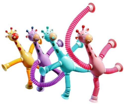 4 Pcs Telescopic Suction Cup Giraffe Toy, Telescopic Suction Cup Toys, Giraffe Sensory Play for Kids, Pop Tube Animals, Stress Reducing Educational Set for Kids & Adult White