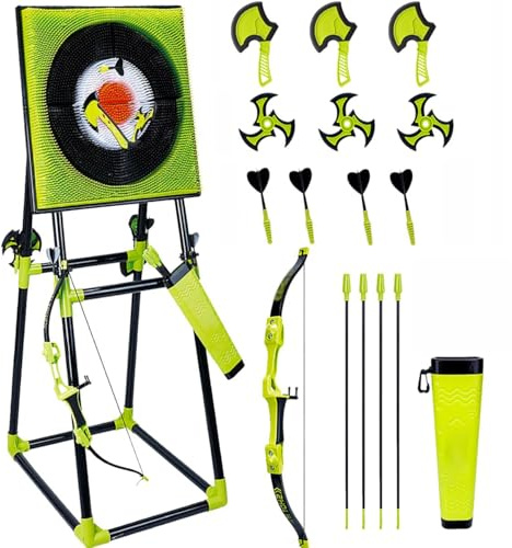 4 in 1 Deluxe Axe Throwing Game Set for Adults with Collapsible Stand, Backyard & Indoor Outdoor Sports Activity Set Includes Axes, Darts, Bows & Throwing Stars with Target Board