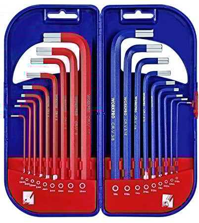 WORKPRO 18PCs - Juego de llaves hexagonales, juego de llaves Allen métricas / imperiales, juego de llaves combinadas de hexágono de brazo largo,1.5-10 mm y 1 / 16-3 / 8 pulgadas con estuche