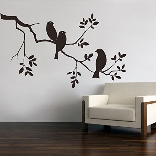 Vögel auf AST Zweig Wandtattoo Wandaufkleber Wandsticker Wohnzimmer Kinderzimmer Aufkleber Sticker (90 x 54 cm, Schwarz)