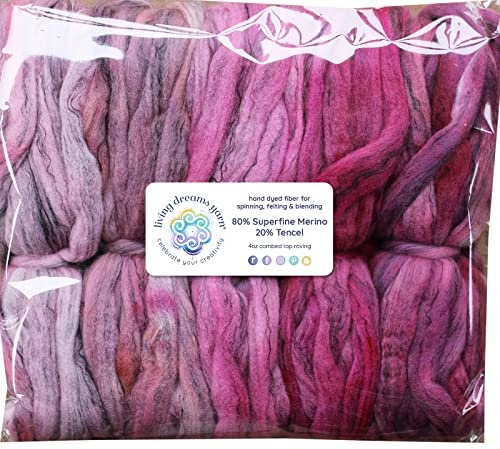 Handgefärbter Superfeiner Merino-Tencel-Roving, Rosa, 142 g