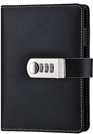 LinYesh PU Leather Refillable Password Notebook, Journal Diary Planner with Combination Lock, Loose-Leaf Lined Personal Sketchbook with Card Slots and Pen Holder, 185x135mm