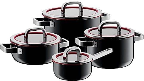 WMF Fusiontec Functional Topfset Induktion 4-teilig, Glasdeckel mit Abgießfunktion, High-Tech Keramik, Kochtopf Set nickelfrei, kratzfest, schwarz