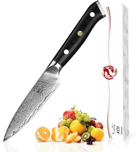 KOI ARTISAN Damascus Paring Knife - 3.5 Inch Razor Sharp Edge – Chef Knife 67 Layers of Japanese Damascus VG10 Super Steel - Military Grade G10 Handle Kitchen Knives