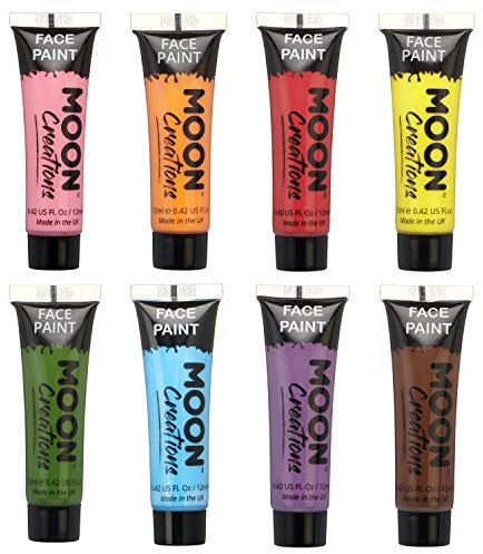 Moon Creations Tubes de peinture pour le visage et le corps | Peinture pour le visage prête à l'emploi | Sans cruauté | pour enfants, adultes, festivals, Halloween et plus encore, lot de 8, 12 ml