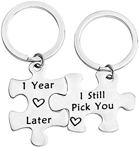 Zuo Bao 1,5,10,20 Years Later I Still Pick You Key Ring Stainless Steel Jigsaw Puzzle Piece Matching Pendant Keychain Set Couple Jewelry (1 Year Later I Still Pick You)