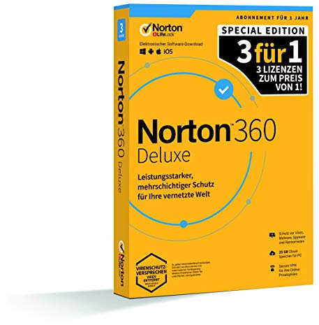NortonLifeLock 360 Deluxe 25GB 1User 3Device 12MO GEN 3FOR1 P.|Deluxe|3 Geräte|1 Jahr|PC|Download|Download