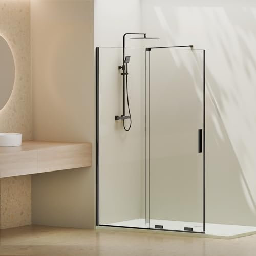 Heilmetz® Walk in Duschwand Glas 140x195 cm Schiebetür Duschabtrennung Duschwand mit Schiebetür Duschkabine 8 mm Easy clean Nano Sicherheitsglas Duschtrennwand -Schwarz
