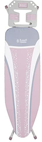 Russell Hobbs LA083234PINKEU7 Folding Ironing Board - Non-Slip Collapsible Ironing Table, Lightweight, Safety Iron Rest With Hanger Storage, 7 Adjustable Heights, 115 x 38cm, Pink Pearl Stripe Cover