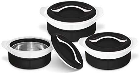 Bargain Shack Zenith Insulated Casserole Pot with lid - Serving Dishes with Lids -3pc Thermal pot - Food Containers Set -Soup/Salad Food Warmer-Hotpot Set (Black-White)