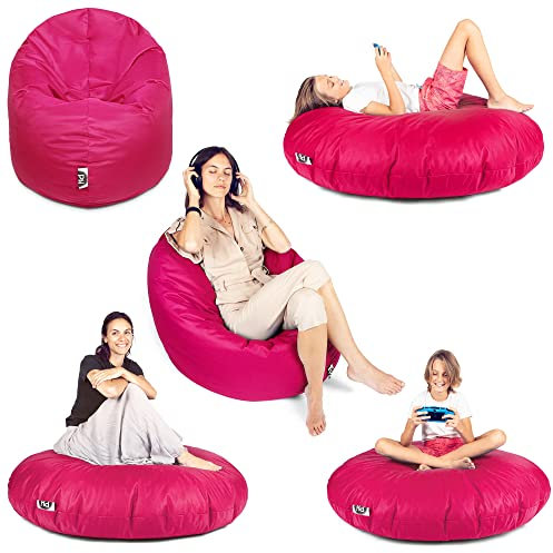 PATCH HOME Patchhome Sitzsack 2 in 1 Sitzkissen Bodenkissen für Erwachsene & Kinder - Gaming mit Füllung Kissen Sessel BeanBag (Ø 145cm, Pink)