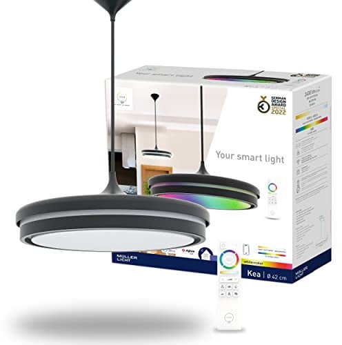 tint Smarte LED-Pendelleuchte KEA – Steuerbar per Alexa oder Fernbedienung – Dimmbare Beleuchtung mit weißem (1800-6500 K), farbigem RGB und indirektem Licht, 22 W – Ø 42 cm