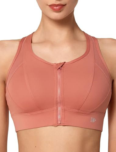Yvette Soutien Gorge de Sport Femme Zipper Avant Dos Nageur Maintien Fort Brassière Fitness sans Armature pour Gros Seins Course Jogging,Rose,M