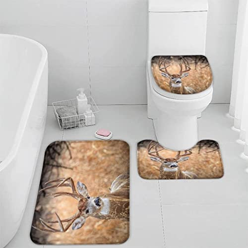 Badematten Set 3 teilig 50x80 Hirsch Wald 3D Badezimmerteppich Set WC Vorleger Set rutschfeste Badematte Maschinenwaschbar Badteppich Set für Badezimmer badvorleger Tiere Natur