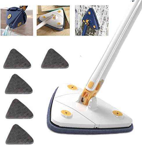 Balai de Nettoyage Triangulaire Rotatif à 360 degrés, réglable, Outil de Nettoyage Multifonction, serpillière à Presser Automatique (Balai Bleu + 5 Chiffons de serpillière) (Blanc)