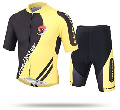 LCIGIA Kinder Fahrrad Trikot Set Jungen Radtrikot Schnell Trocknend Fahrradtrikot Mädchen Atmungsaktiv Kurzarmtrikot + Kurz Radhose mit 3D Sitzpolster Radsport Anzüge, Gelb+Schwarz, 164