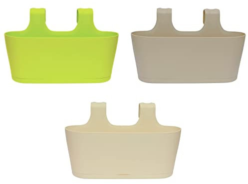 ENGELLAND 3 x Blumenkasten zum Auf-Hängen, Farbmix: Grün, Sand, Beige, Blumentopf, oval, Balkon, Übertopf, Pflanzkasten, mit Wasserspeicher/Wasserauffangschale