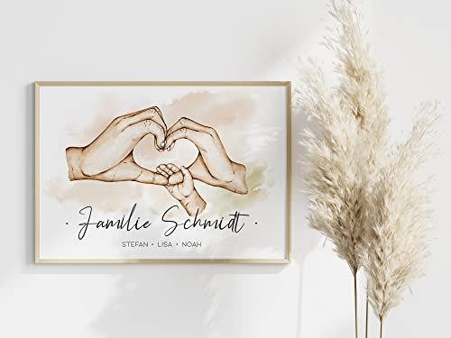 Manschin-Laserdesign Poster Familie Hände personalisiert mit Namen in A4 A3 A2 als Geschenk für Mama zur Geburt Muttertag Familienbild (1 Kind)