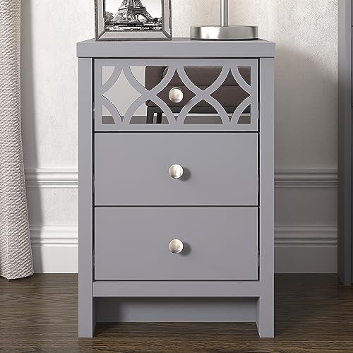 Galano Iris Nachttisch mit 3 Schubladen, moderner Nachtschrank mit Spiegel-Details, Beistelltisch & Stauraum für Schlafzimmer, Flur & Wohnzimmer, Grau
