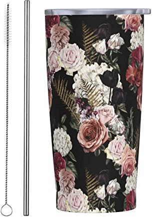Bicchiere termico Rose Goth Flower Floral 20 OZ con coperchi e cannuccia Tazza sottovuoto in acciaio inossidabile Caffè Acqua Tazza da viaggio a tenuta stagna per Home Office School