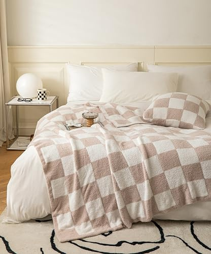 REPRECONF Ultraweiche, gemütliche Buffalo-Schachbrettmuster, Flauschige Mikrofaser-Strickdecke, leichte Fleece-Decke für Sofa, Couch, Bett, Reisen, cremefarben, 76,2 x 101,6 cm