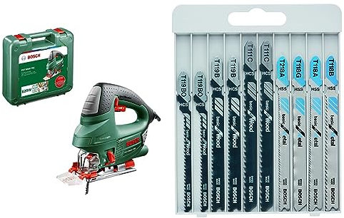 Bosch-Stichsäge PST 9500, 620 Watt elektrische PEL + Bosch Professional 10tlg. Stichsägeblatt Set Basic for Wood and Metal (für Holz und Metall, Zubehör Stichsäge)