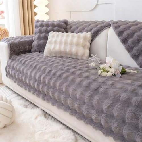 Gluhbirnen Kaninchen Plüsch Sofabezug, Sofa überwurfdecke, Sofa Überwurf, Sofaschoner rutschfest, Warmer Super Weicher Plush Sofabezug, Dunkelgrau, 70 * 150CM