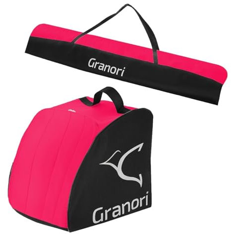 Granori Skitasche/Skisack + Skischuhtasche Kombi-Set mit Wasserablauflöcher für 1 Paar Skischuhe & Skier 160/170 / 180 cm (Neonrot-Schwarz, 180 cm)