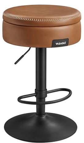 VASAGLE EKHO Collection - 360° Swivel Bar Stool, Height Adjustable Barstool with Storage, Synthetic Leather with Stitching, Mid-Century Modern, Kitchen Bar, Easy Assembly, Caramel Brown