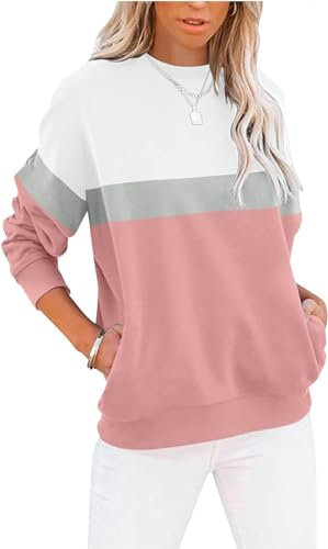 BUHIM Sweatshirt Damen Pullover Rundhals Langarmshirt Herbst Winter Farbblock Pulli Baumwolle Casual Langarm Oberteile Tops mit Taschen (A-Rosa, L-1)
