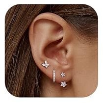 JeweBella 3 Paar Ohrringe Silber 925 Set für Damen 14 Karat Vergoldet Kleine Ohrstecker Stapelbar Zirkonia Creolen für Mehrere Piercings