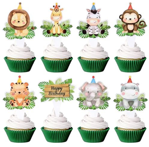 32 Stück Dual Front Tier Cupcake Topper Tier Geburtstags Kuchen Deckel Dekorationen für Kindergeburtstags Party Dekoration Dschungel Safari Thema Party Zubehör