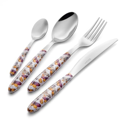 Eme P13SVR/BU Servizio Posate 6 Coltello 6 Forchetta 6 Cucchiaio 6 Cucchiaino Confezione Salvaspazio, 24 Pezzi, Modello Vero, Decoro Butterfly, Nichel Free, Manicatura PBT Sublimato
