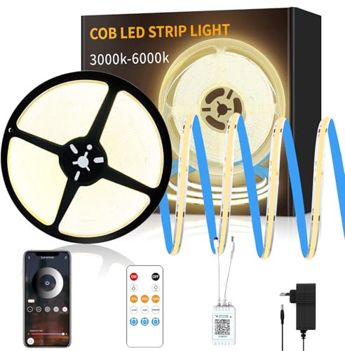 Yeewhale cob Led strip 15m,mit Fernbedienung, APP Steuerung,DC24V 3000k Warmweiß LED band,flexible Dimmbar cob LED Streifen, anwendbar auf Schlafzimmer, Raum,DIY Dekoration